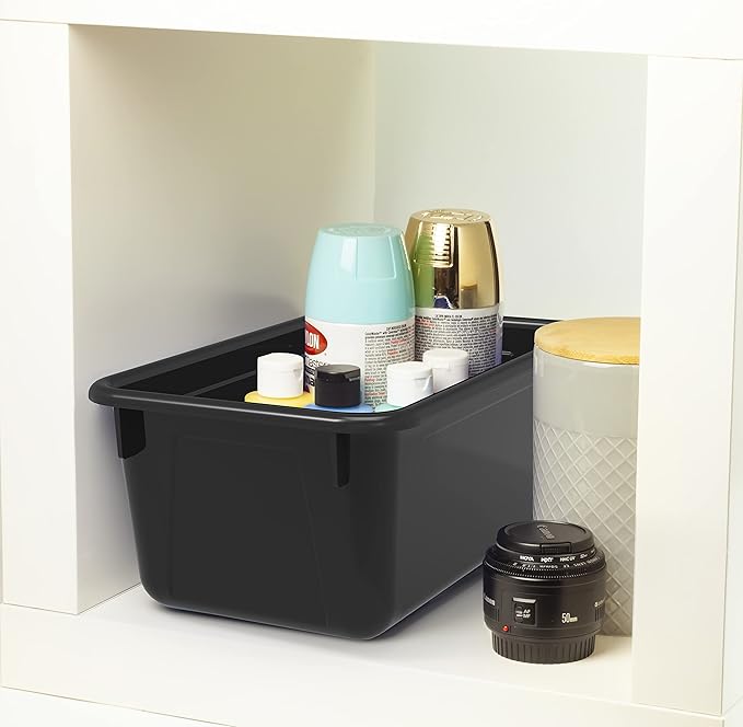 Storex Small Cubby Bins – Plastic Storage Containers for Classroom with Non-Snap Lid, 12.2 x 7.8 x 5.1 inches, Black, 5-Pack 
