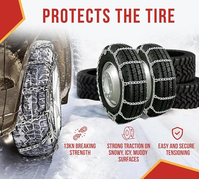 Mytee Products 2 Pair Cam Tensioner Twisted Link Snow Tire Chains Compatible w/ 16.5" Rim Diameter & 12" Wide Car Pickup Low-