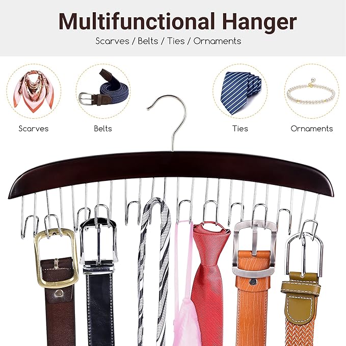 Belt Hanger Organizer for Closet: Ohuhu 12 Hooks Max 36 Belts Tie Rack Wooden Belt Holder for Storage 360 Degree Rotating Spa