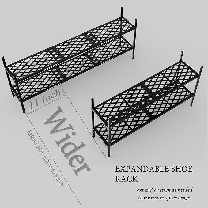 Shoe Rack, Expandable Shoes Organizer Metal Shelf Stand, 2 Tier Stackable Long Shoe Storage Holder For Closet, Floor, Entrywa
