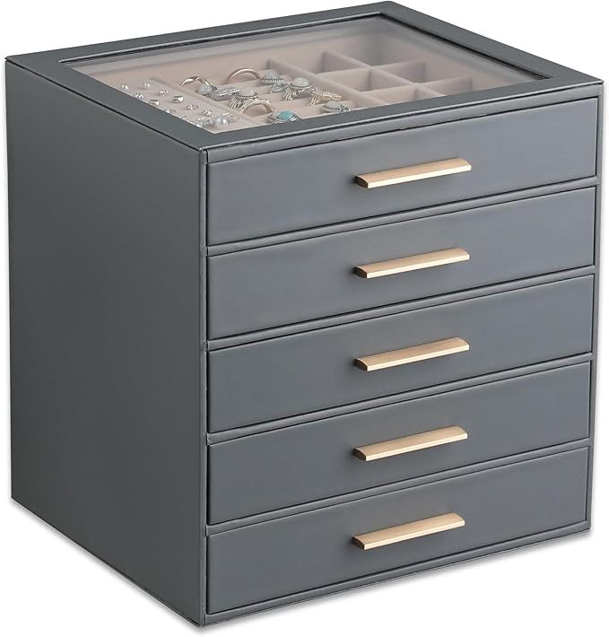 Frebeauty Clear Lid Jewelry Box,5-Layer Jewelry Organizer with Drawer,PU Leather Jewelry Organizers and Storage,Jewelry Boxes