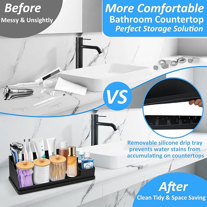 Bathroom Counter Organizer, Black Silicone Toothbrush Holders for Bathrooms Organizer Countertop with 3PCS Qtip Holder, Tooth