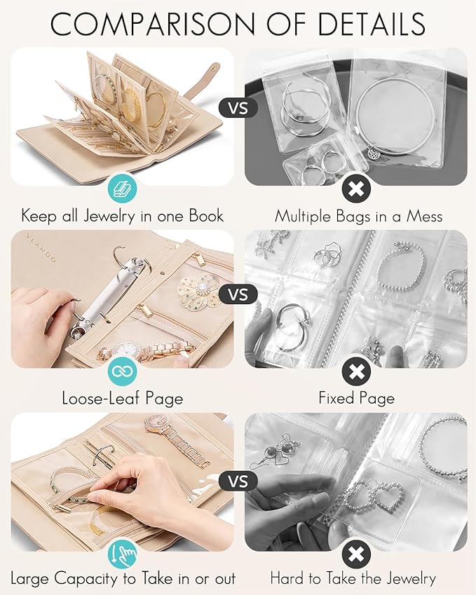 Vlando Travel Jewelry Organizer Case,Jewelry Storage Book Ring Binder with Clear Zipper Velvet Pouch Bag for Traveling,Rings,