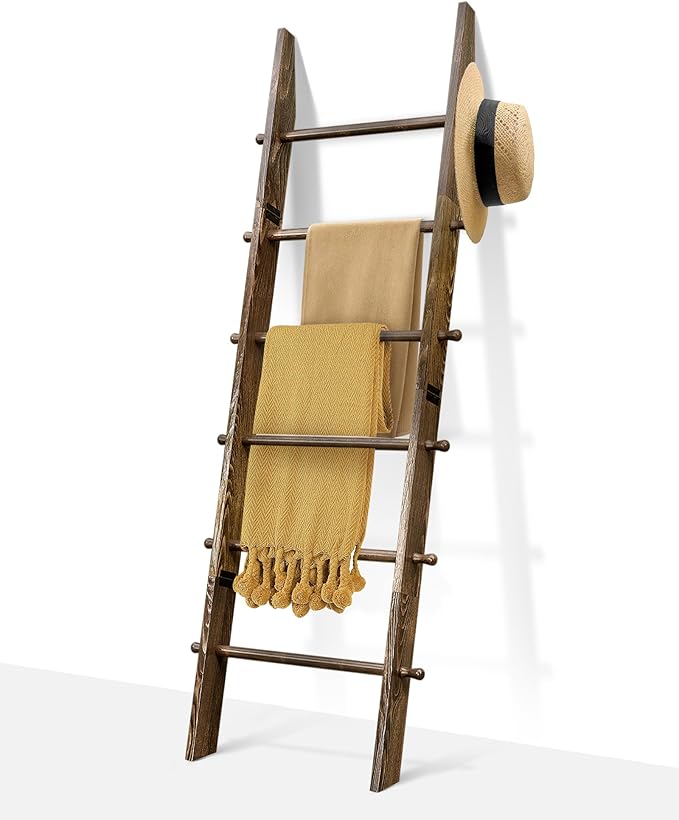 TEAKMAMA 6-Tier Blanket Ladder with Hanging Knobs,5.5 Ft Wall Leaning Blanket Ladders for Living Room Bedroom,Rustic Decorati