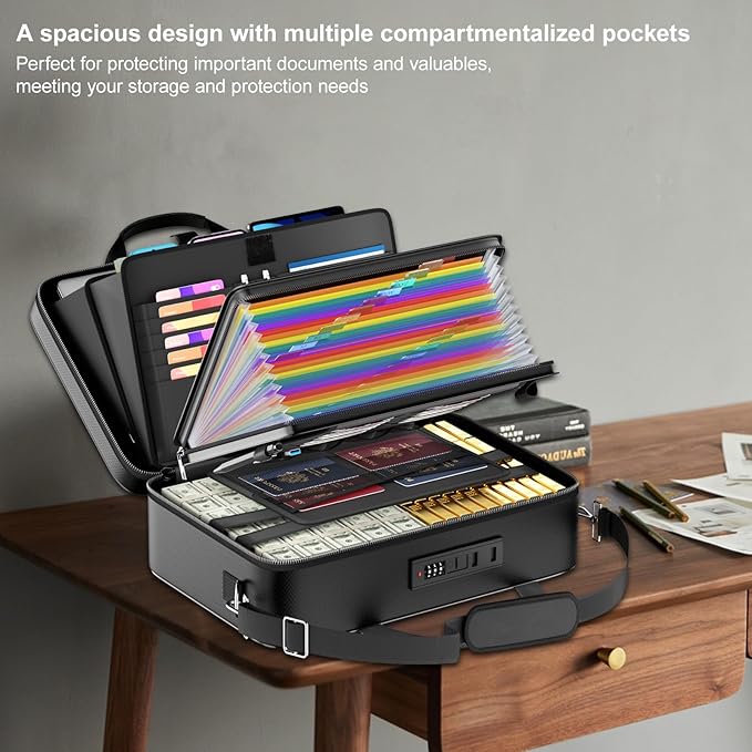 Tamfile Fireproof Document Box with Lock, Hard Case Fireproof Water Resistant File Organizer with 24 Colorful Pockets, Fire S