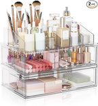 Clear Stackable Makeup Organizer with Drawer, 12''W Acrylic Storage Drawers, Cosmetic Display Case for Vanity Bathroom Counte