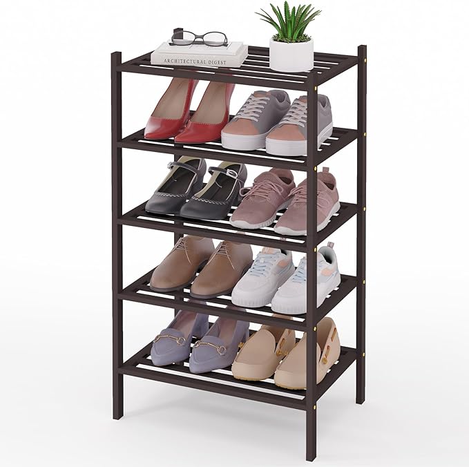 Smiry Small Bamboo Shoe Rack 5-Tier, Stackable Wooden Shoe Organizer for Entryway & Closet, Free Standing Wood Shoe Storage S