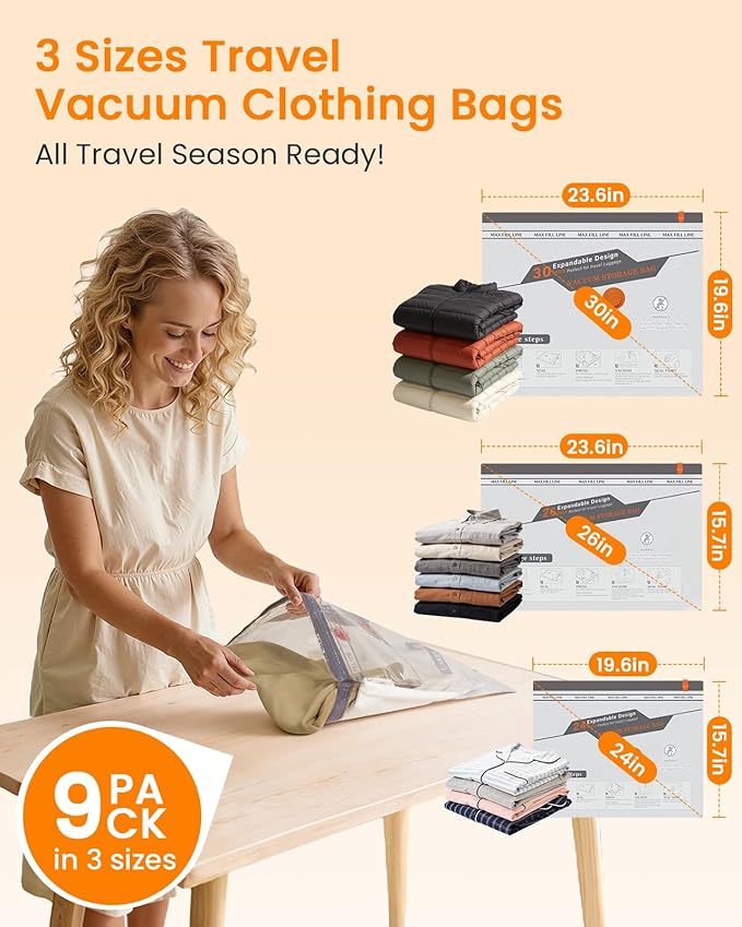 Vacuum Seal Bags for Clothing Travel with Rechargeable Cordless Pump, 9 Pack Compression Space Saver Bags for Packing, Luggag
