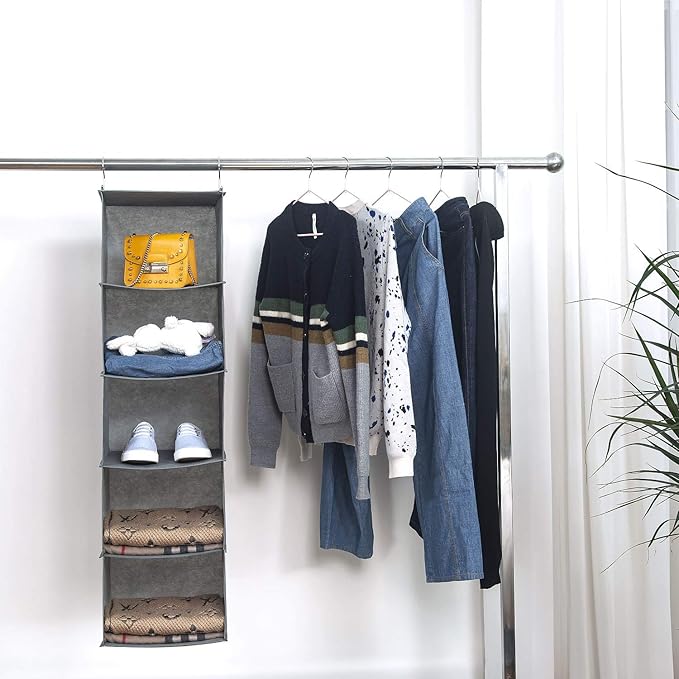 BrilliantJo 5 Shelves Hanging Closet Organizer, 2 Pack Hanging Storage with 6 Side Pockets for Clothes Bags, 43"x12"x12"(Gray