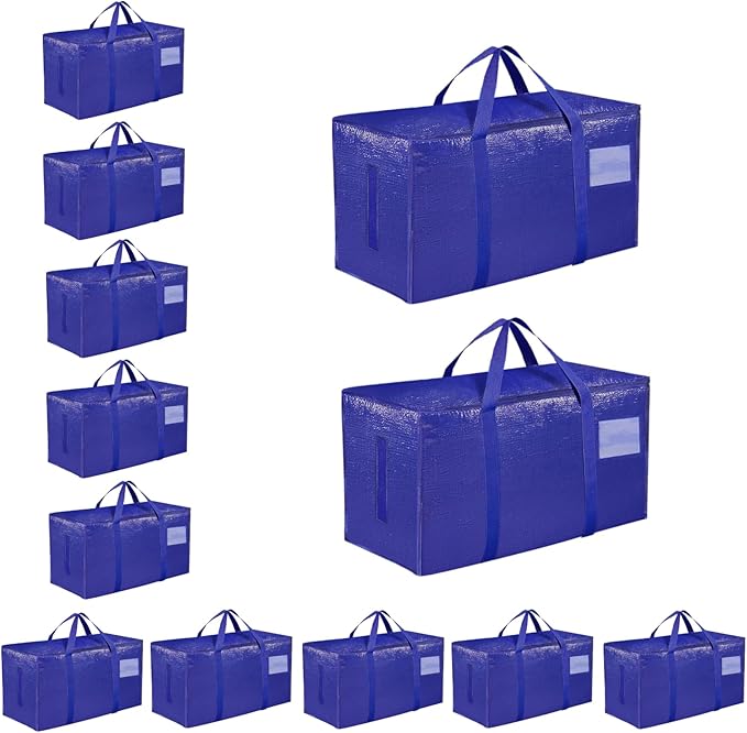 12 Pack-Extra Large Heavy Duty Moving Bags - Waterproof Storage Totes with Handles & Zippers, Foldable for College Dorm, Stor