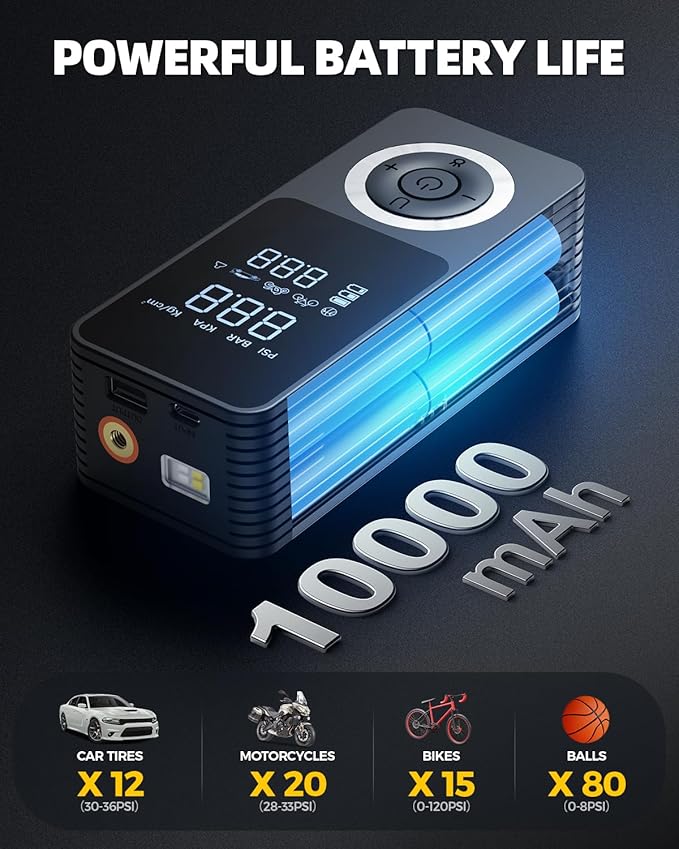 Cordless Tire Inflator Portable Air Compressor, Smart Air Pump for Car Tire with Digital Pressure Gauge, LED Light, 12V Car Power Adapter, Storage Box, 4 Valve
