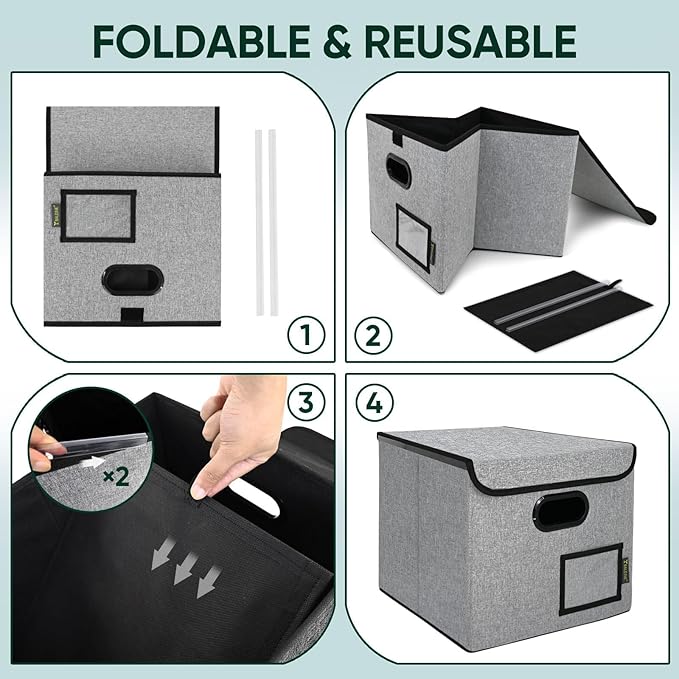 BALEINE File Organizer Box with Lid, Collapsible File Folder Organizer with Plastic Slide, Hanging File Folder Box for Office