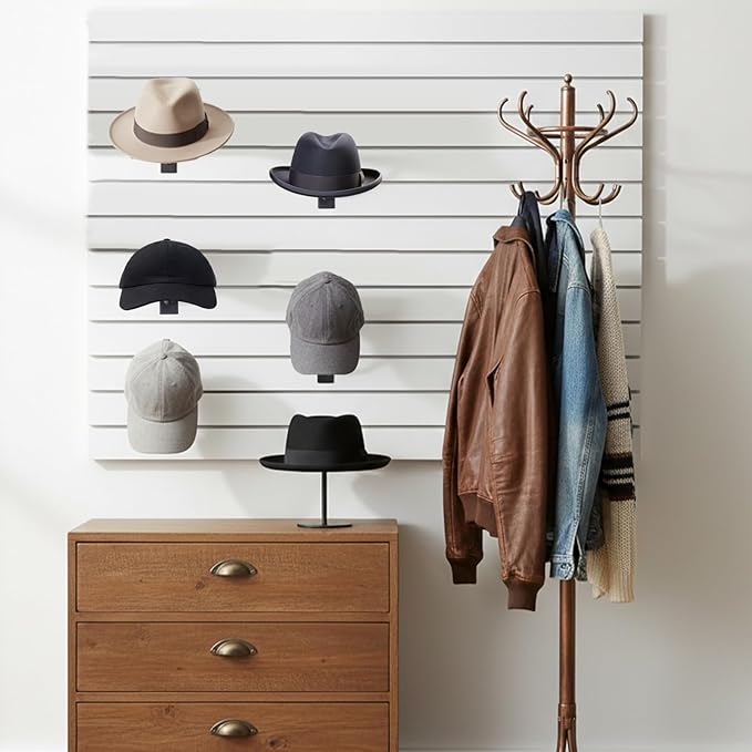6 Pcs Metal Hat Display and Holder, Wall Mounted Slatwall Rack Organizer for Baseball Caps, Beanies, Wigs, for Home and Retai