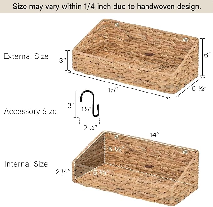 StorageWorks Woven Wall Baskets for Storage, Water Hyacinth Baskets for Shelf, Wall Storage for Kitchen and Bathroom, Hanging