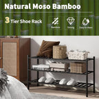 Long Shoe Rack, 3-Tier Bamboo Stackable Shoe Shelf Storage Organizer, Shoe Stand for Closet, Entryway and Hallway