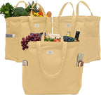 Nook Theory 3-Pack Reusable Grocery Bags - Heavy Duty, Large 12 Oz Cotton Canvas Reusable Shopping Bags With Pockets, 100% Cotton Cloth Grocery Totes, Foldable Multi Compartment (Sand)