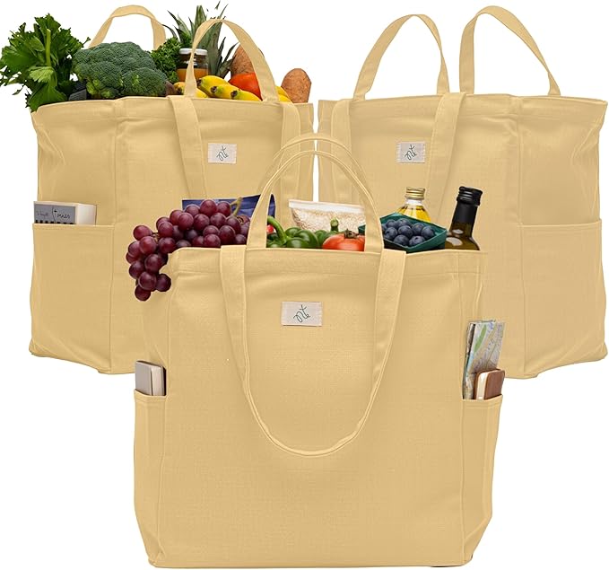 Nook Theory 3-Pack Reusable Grocery Bags - Heavy Duty, Large 12 Oz Cotton Canvas Reusable Shopping Bags With Pockets, 100% Cotton Cloth Grocery Totes, Foldable Multi Compartment (Sand)
