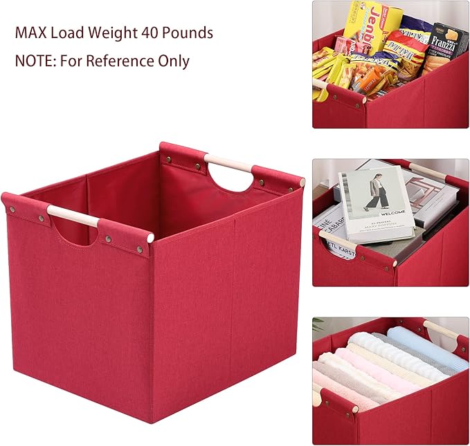 HOONEX Large Collapsible Storage Bins, Linen Fabric, Pack of 2, Storage Baskets with Wooden Carry Handles and Sturdy Heavy Ca