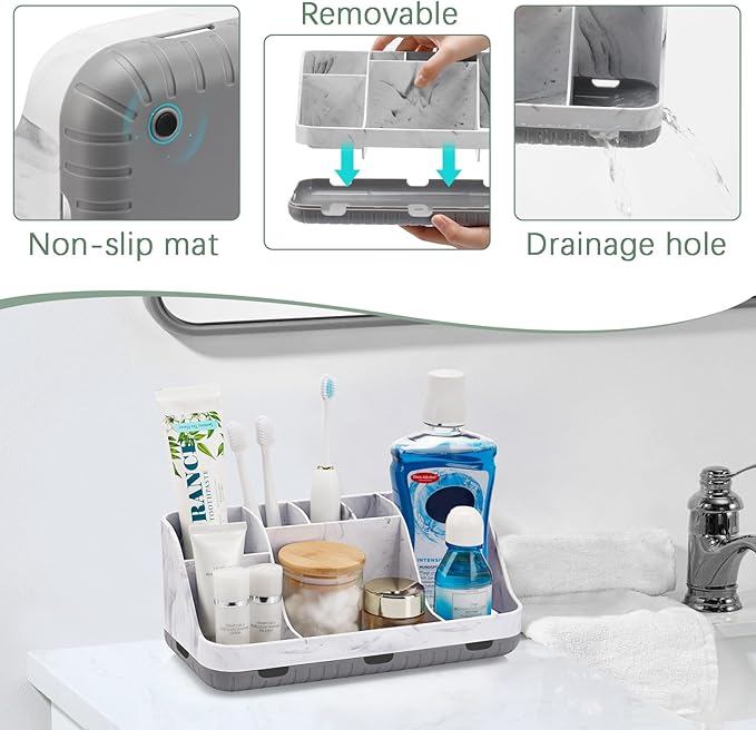 GFWARE Marble Bathroom Countertop Organizer - Detachable 7 Slots Kids Electric Toothbrush and Toothpaste Holde Drainage for B