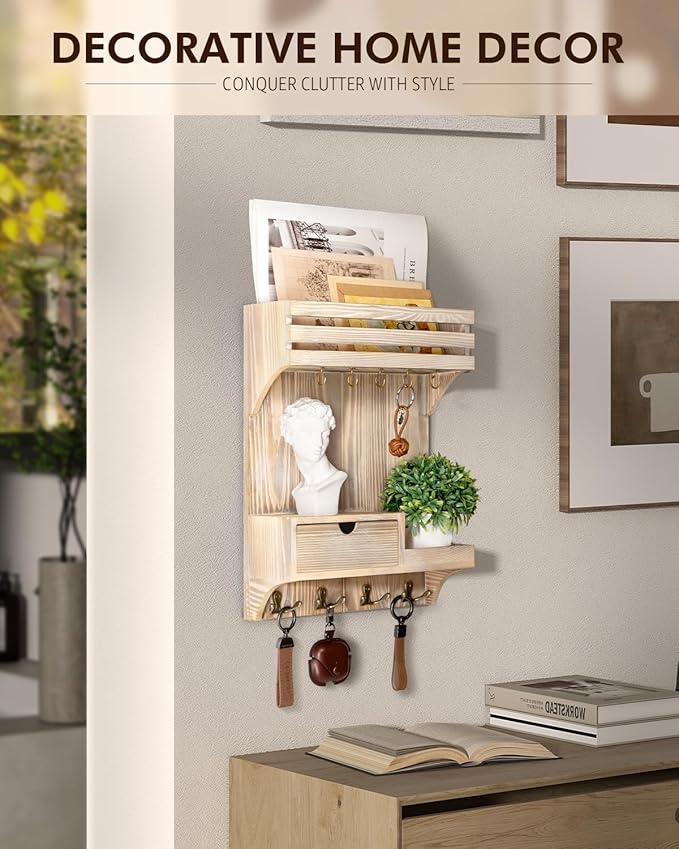 Rebee Vision Decorative Key Holder Wall Mount with Mini Drawer Organizer - Farmhouse Key Holder for Wall with Mail Organizer 