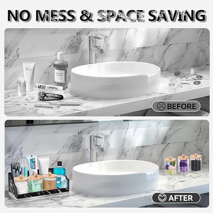 TuCao Marble Bathroom Countertop Organizer, Toothbrush Holders for Bathroom with 3PCS Qtip Holder Dispenser and Toothpaste Ho