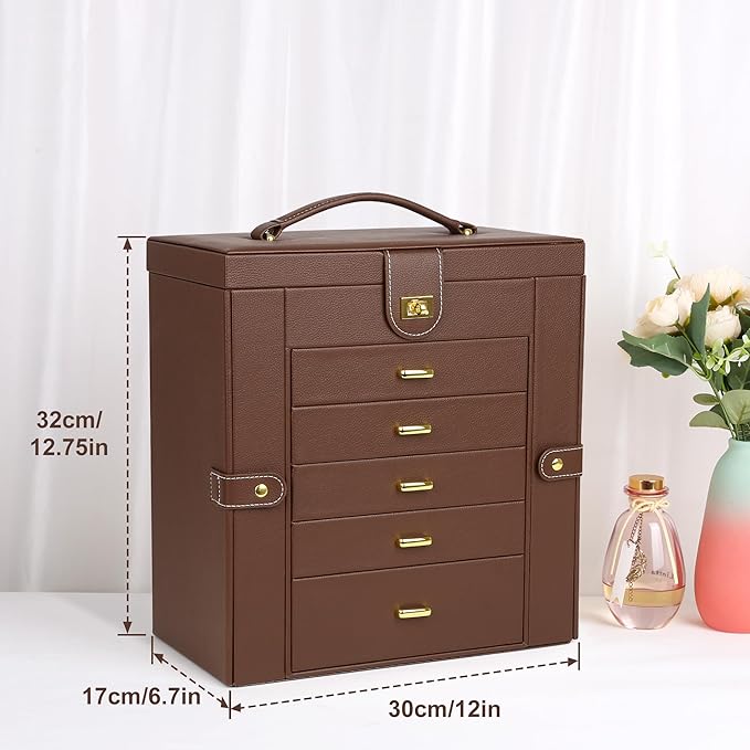 Kendal Extra Large Jewelry Box Jewelry Case PU Leather 6 Tier 5 Drawers Large Storage Capacity with Mirror Jewelry Storage Or
