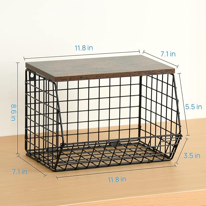 Wetheny 2pcs Fruit Basket Onion Storage Wire Basket with Wood Top- Wall Mounted & Stackable Kitchen Counter Organizer,Cabinet