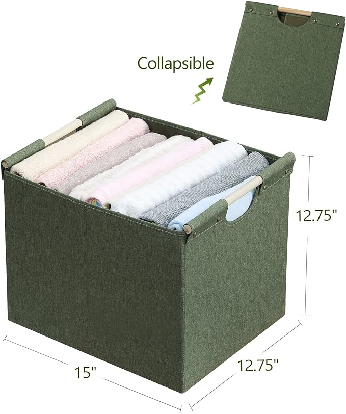 HOONEX Large Collapsible Storage Bins, Linen Fabric, Pack of 2, Storage Baskets with Wooden Carry Handles and Sturdy Heavy Ca