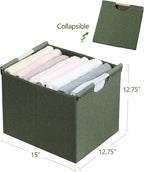 HOONEX Large Collapsible Storage Bins, Linen Fabric, Pack of 2, Storage Baskets with Wooden Carry Handles and Sturdy Heavy Ca