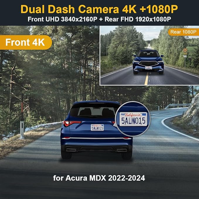 Fitcamx Front 4K+Rear 1080P Dash Cam Suitable for Acura MDX 2022 2023 2024, Gen4 (with Auto Dimming), OEM Look, Dual HD Video