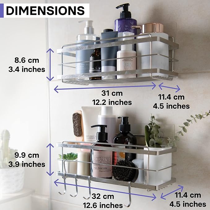 KINCMAX Shower Shelves 2-Pack - Self Adhesive Caddy with 4 Hooks - No Drill Large Capacity Stainless Steel Wall Shelf - Aesth