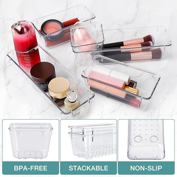 StorMiracle 23 PCS Drawer Organizer Set, 5 Varied Size Bathroom and kitchen Drawer cabinet organizer Trays, Clear Storage Bin