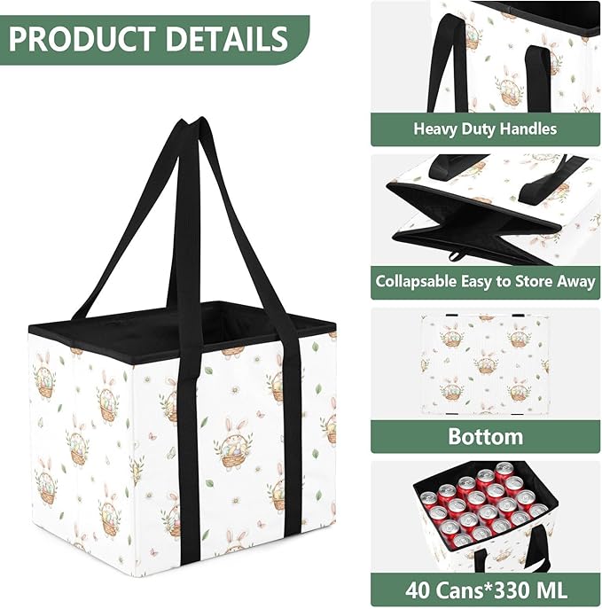 Bunny Easter Reusable Grocery Bags Large Shopping Tote Bag with Reinforced Bottom Board, Water Resistant Foldable Storage Bag