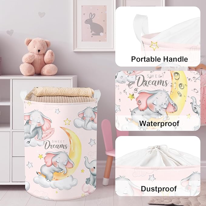 Clastyle Sleeping Elephant Kid Laundry Basket Pink Baby Girls Clothes Hamper for Nursery Collapsible Star Moon Towel Toy Stor