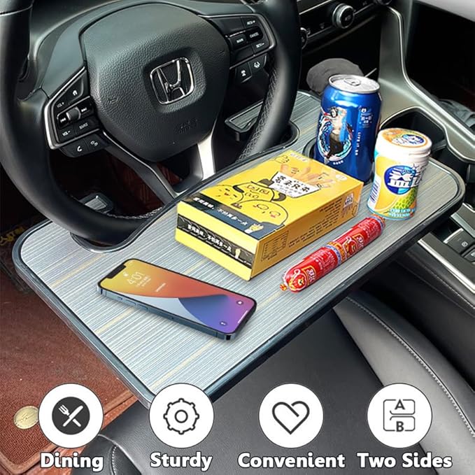 Steering Wheel Tray for Car - 16" Universal Wood Grain Desk Organizer with Cup Holder, Food & Laptop Tray for Vehicles with Up to 15" Steering Wheel (Brown)