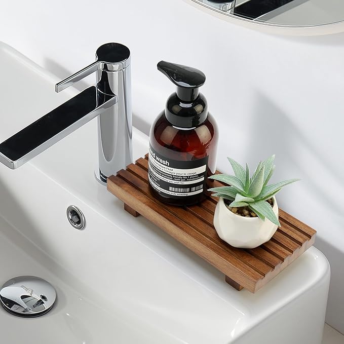 Acacia Wood Riser for Bathroom Sink Tray Kitchen Counter Decor Trays Pedestal Stand Sponge Soap Dish Holder Decorative Wooden