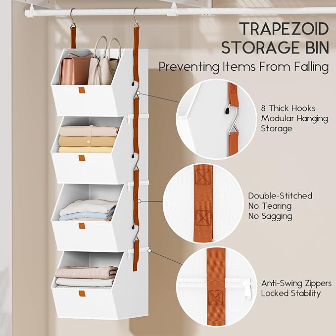 Homsorout Hanging Closet Organizer 4 Tier - Clothes Hanging Shelves, Space-Saving Closet System, Fabric Storage Bins Bedroom 
