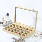 Coward Jewelry Organizer Box, Yellow Linen 24 Grids Ring Earring Jewelry Display Tray Case with Transparent Glass Lid for Hom