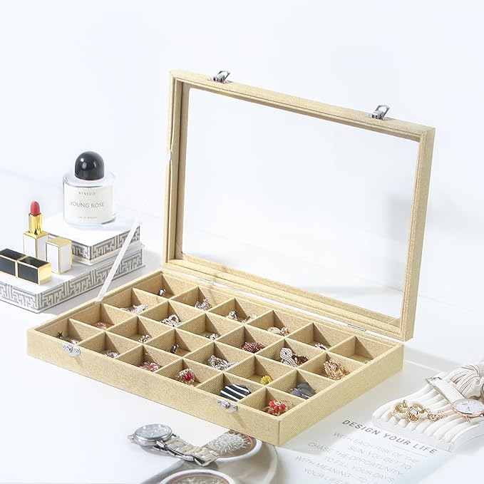 Coward Jewelry Organizer Box, Yellow Linen 24 Grids Ring Earring Jewelry Display Tray Case with Transparent Glass Lid for Hom