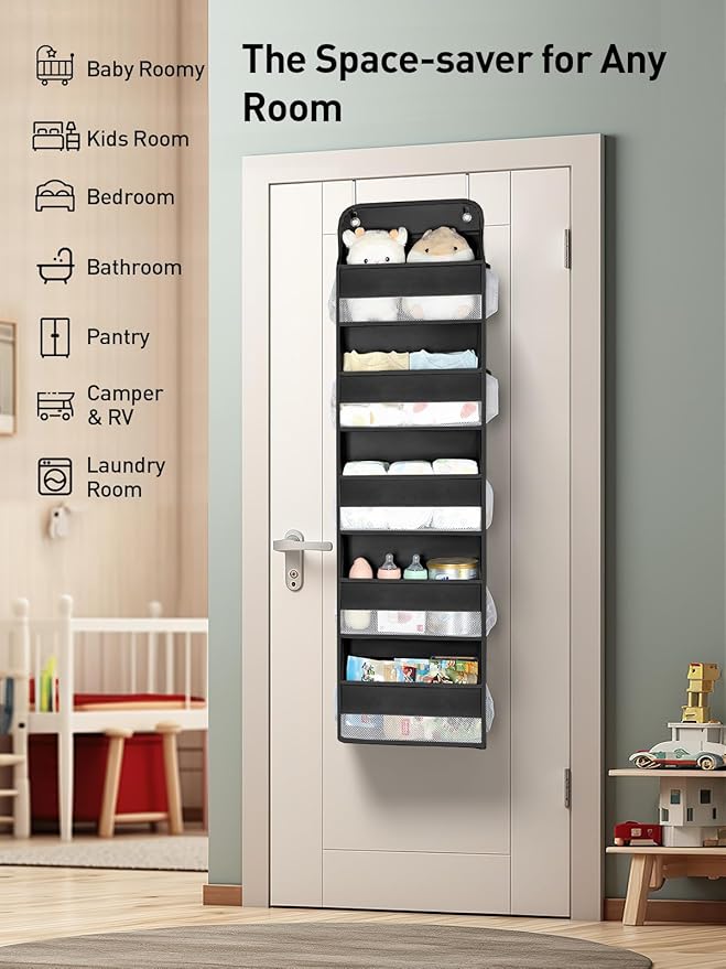 Yecaye 1 Pc Over the Door Organizer with 5 Bins 10 Side Pockets, 44lbs Load Hanging Bathroom and Bedroom Organizer, behind th