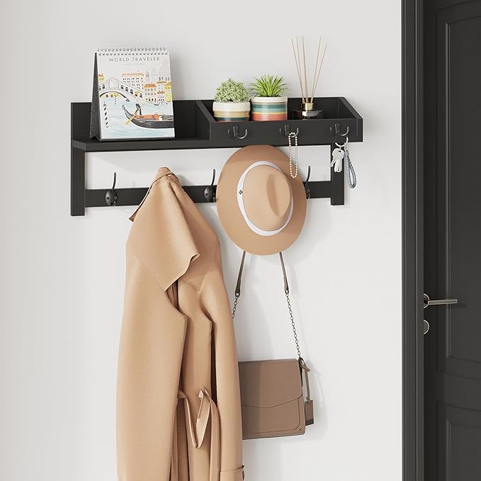 AMBIRD Wall Hooks with Shelf, 26.57 Inch Entryway Wood Coat Hooks for Wall, Coat Rack Wall Mount Rack with 5 Dual Hooks 3 Key