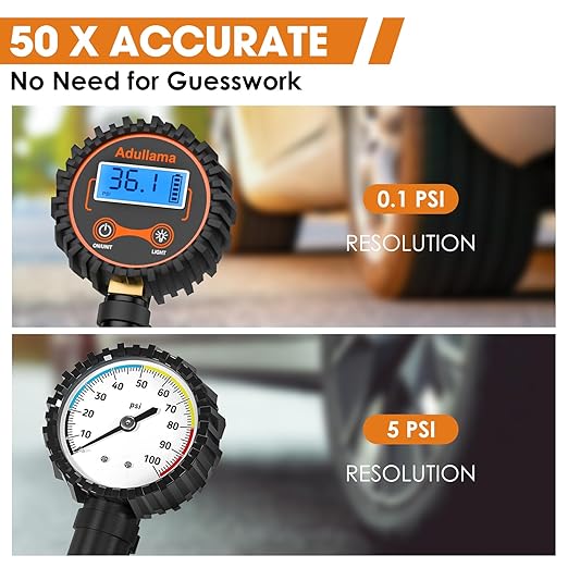 Digital Tire Pressure Gauge with Inflator, 250 PSI Heavy Duty Air Chuck Air Compressor Attachments, Improved Leaks Protection & Stainless Braided Hose Tire Gauge with a Portable Carrying Box