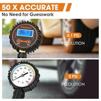 Digital Tire Pressure Gauge with Inflator, 250 PSI Heavy Duty Air Chuck Air Compressor Attachments, Improved Leaks Protection & Stainless Braided Hose Tire Gauge with a Portable Carrying Box