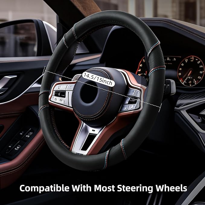 Microfiber Leather Steering Wheel Cover with Anti-Slip Lining Breathable and Soft Universal 14.5-15 inch, Easy to Install Ste