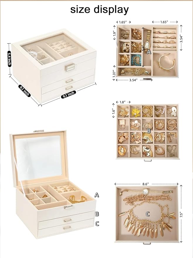 Clear Lid Jewelry Box,3 Layers Jewelry Organizer Large Multi-Functional Jewelry Storage Box with 2 Drawers,Jewelry Display Ca
