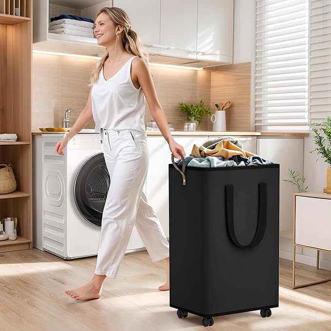 SpaceTrove Laundry Basket with Wheels, Collapsible Laundry Baskets, Laundry Hamper with Handles Detachable Wheels, Rolling La
