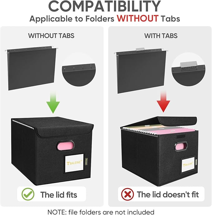 BALEINE File Organizer Box with Lid, Collapsible File Folder Organizer with Plastic Slide, Hanging File Folder Box for Office