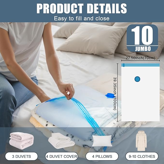 10 Jumbo Vacuum Storage Bags, Vacuum Seal Bags for Clothing Space Saver Compression Storage Bag with Hand Pump Extra Large fo