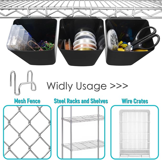 G.CORE Large Grid Wall Bins - 6Pack Black Gridwall Accessories Hanging Cups with Back Hooks - Plastic Grid Wall Panels Organi