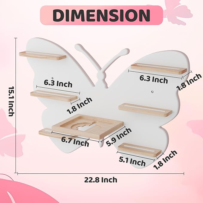 Butterfly Tonie Shelf for Tonie&TonieBox - White Magnetic Wooden Floating Shelves for Storage, Cute Tonie Wall Shelf for 20-3